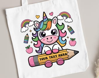 Eenhoorn leraar shirt png, bewerkbaar potlood regenboogsublimatieontwerp voor terug naar school. Leuke gepersonaliseerde draagtas voor kinderen