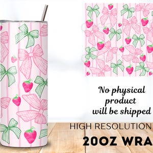 Starwberry Coquette design 20 oz Tumbler wrap, Preppy girly sublimation design, Strawberry and bows skinny tumbler design image 3