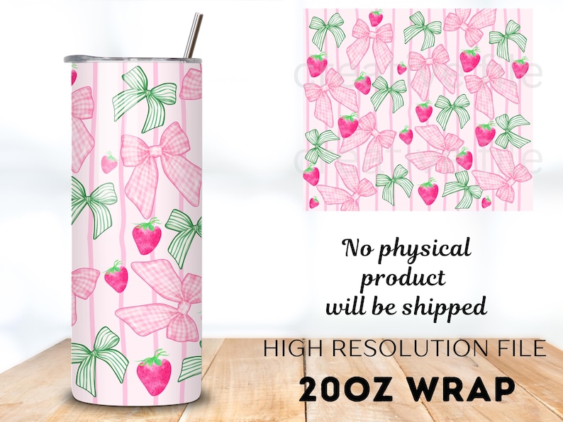 Starwberry Coquette design 20 oz Tumbler wrap, Preppy girly sublimation design, Strawberry and bows skinny tumbler design image 3