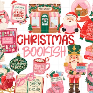 Puede incluir: Una colección de ilustraciones navideñas sobre libros que incluye un oso polar leyendo, una librería, Santa Claus, un cascanueces, un suéter rojo con texto, un buzón, un trineo con libros y varios letreros con frases sobre la lectura.