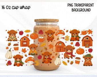 Fall Highland Cow Glass Can Wrap PNG,  Cute Autumn Pumpkin design, Farmhouse pattern, Baby Highland autumn design, cow lover png