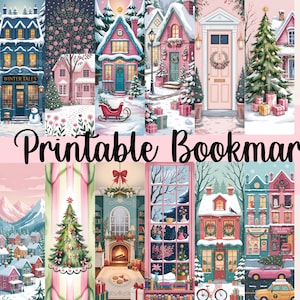 Peut inclure: Un ensemble de 20 marque-pages imprimables avec des illustrations sur le thème de l'hiver. Les marque-pages présentent des maisons enneigées, des arbres de Noël et des décorations festives dans divers styles et couleurs. Le texte "20 Printable Bookmarks" est affiché en cursive.