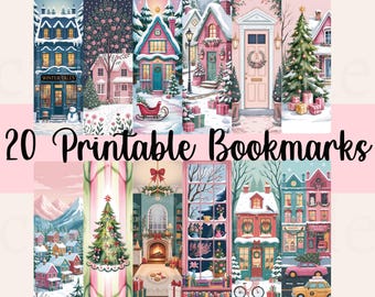 20 Christmas Town Printable Bookmark Bundle PNG, Cozy Winter Village Bookmark Set, Holiday Book Lover Gift, Christmas Cottage Printables