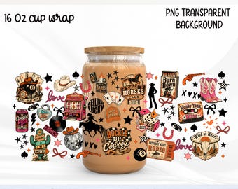 Western Cowgirl Glass Can Wrap PNG, Rodeo Casino Cup Wrap, Lucky Cowgirl Libbey Wrap, Aesthetic Vintage Western PNG
