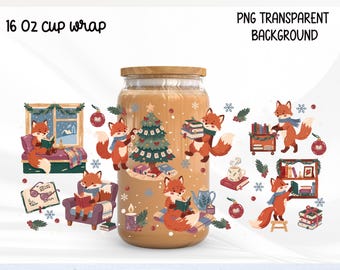 Christmas Fox Glass Can Wrap PNG 16oz, Bookish Reader Libbey Cup Wrap, Cozy Holiday Sublimation, Book Lover Digital Design
