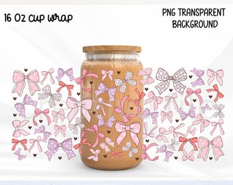 Pink Coquette Bows Glass Can wrap, Girly ribbon tumbler wrap design, Coquette Coffee Glass PNG download