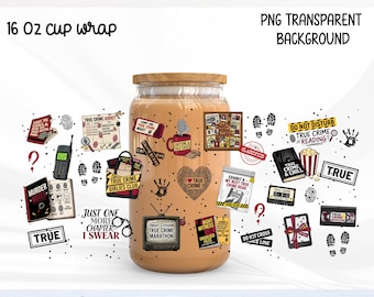 True Crime Book Lover 16oz Glass Can Wrap PNG, Serial Reader Libbey Glass Wrap, Crime Podcast Tumbler Design, True Crime Sublimation wrap