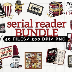 Puede incluir: Un conjunto de gráficos digitales con temática de crímenes reales, que incluyen libros, una cinta de cassette, palomitas de maíz, una taza de café y un televisor. El texto incluye "True Crime & Chill", "Serial Reader Bundle".