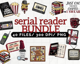 True Crime Book Clipart Bundle PNG, Serial Reader Graphics for Sublimation and Stickers, Crime Podcast design,  Book Lover Clip Art Pack