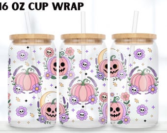 Girly Pumpkin & Floral Skull 16oz Libbey Glass Can Wrap PNG, Soft Spooky Moon Halloween Tumbler Design, Pumpkin season Halloween Wrap
