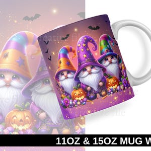 Halloween Gnome Mug Wrap PNG, Cute Witch Gnome Sublimation Design for 11oz & 15oz Mugs, Spooky Pumpkin Coffee Cup Wrap