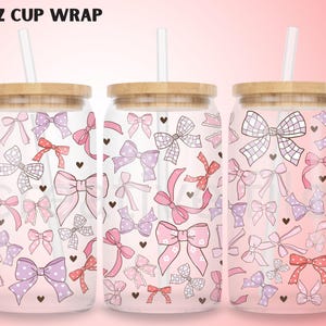Pink Coquette Bows Libbey glass can png, Ribbon lovely 16 oz tumbler wrap design uv dtf, Purple Coquette Coffee Glass PNG download
