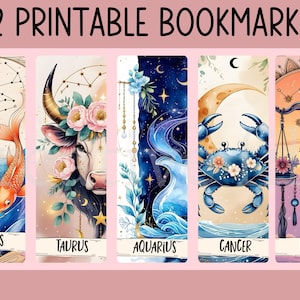 Zestaw zakładek do druku Zodiac Boho, zestaw zakładek astrologicznych 12 znaków zodiaku, estetyczny prezent dla miłośników książek, wydruki zodiaku