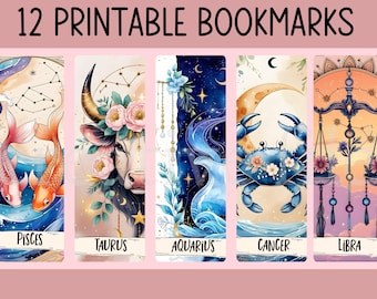 Pacote de marcadores de página imprimíveis do zodíaco Boho, conjunto de marcadores de página de astrologia, 12 signos do zodíaco, presente estético para amantes de livros, imprimíveis do zodíaco