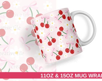 Kirsche Girly Mug Wrap, süße Kirschen und Blumen Digitale PNG Tasse 11 Unzen und 15 Unzen Wrag, Coquette Cherry Muster Desing, Kaffeebecher Wrap