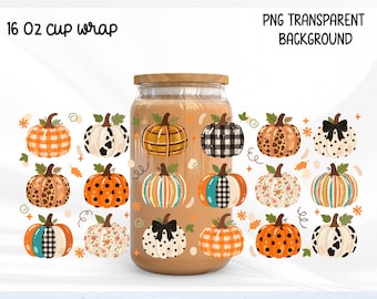 Fall Pumpkin Glass Can Wrap PNG 16oz, Plaid Leopard Pumpkin Libbey Cup Wrap, Autumn lover wrap, Farmhouse Fall Design