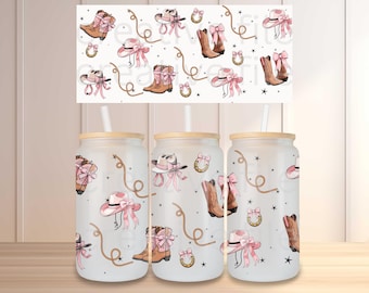 Howdy Coquette 16oz Can Glass  wrap png, Cowgirl pink bow Libbey 16oz cup  PNG files , Girly coquette Template, Cowgirl boots can wrap