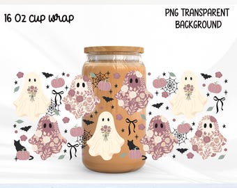 Envoltório de lata de vidro floral fantasma PNG, PNG de Halloween feminino, Copo fantasma coquete, Envoltório floral de Halloween
