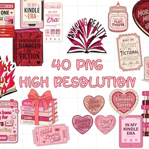 May include: A collection of pink and red digital stickers and graphics with a book theme. Includes ticket stubs, hearts, books, a candle, and a perfume bottle. Text includes "Bookish Energy", "In My Kindle Era", and "Emotionally Damaged by Fiction".