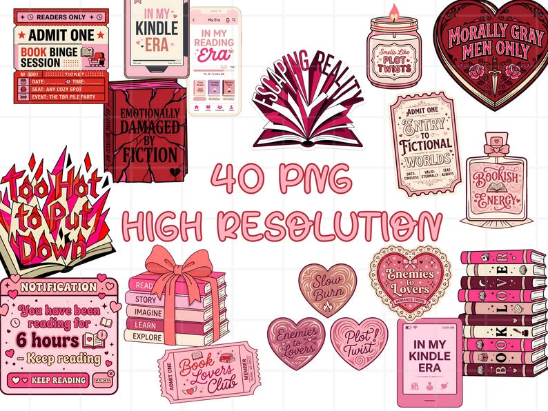 May include: A collection of pink and red digital stickers and graphics with a book theme. Includes ticket stubs, hearts, books, a candle, and a perfume bottle. Text includes "Bookish Energy", "In My Kindle Era", and "Emotionally Damaged by Fiction".