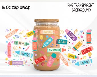 Embalagem PNG para lata de vidro de 473ml (16oz) com a frase "Melhor Professor(a)", caneca Libbey colorida com tema de giz de cera, design para presente de agradecimento ao(à) professor(a), volta às aulas, embalagem motivacional.