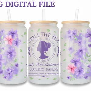 Envoltura de lata de vidrio de 16 oz inspirada en flores moradas de Bridgerton, envoltura de vaso de vidrio Libbey PNG, envoltura de vaso de 16 oz PNG, descarga de Lady Whistledowns PNG
