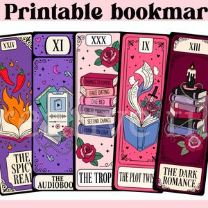 May include: Five rectangular printable bookmarks featuring tarot-style illustrations. Designs include a burning book with chili peppers, a smartphone with audiobooks, a stack of books with romance tropes, an open book with a dagger, and a stack of books with a candle.