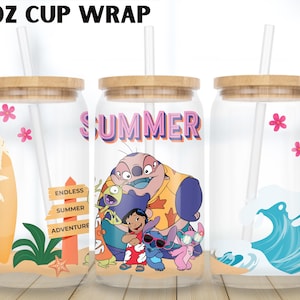 Summer Vibes Libbey Glass Wrap, 16oz Can Glass Sublimation PNG, Stitch Beach inspired Design, Cartoon summer theme