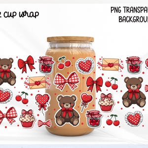 May include: A clear glass jar with a wooden lid, surrounded by various Valentine's Day themed stickers. Stickers include teddy bears, bows, hearts, cherries, cupcakes, and envelopes. Text on the image reads "16 OZ cup wrap" and "PNG TRANSPARENT BACKGROUND".