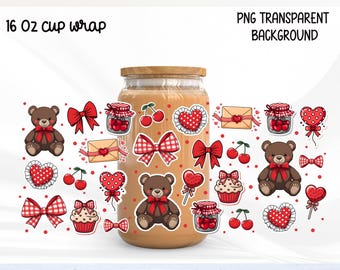 Urso fofo de Dia dos Namorados, estampa xadrez cereja para lata de 473ml (16oz) PNG, design com estampa de ursinho de pelúcia para o Dia dos Namorados, embalagem elegante para lata.