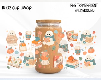 Cozy Fall Ghost Glass Can Wrap PNG, Autumn Reading Libbey Cup Wrap, Cute Ghost Bookish Design, Fall Ghost Cup, Girly Autumn design