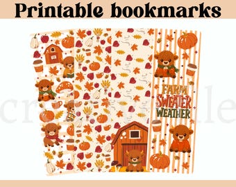 Fall Highland Cow Printable Bookmarks, Cute Autumn Cow Bookmark Bundle, Pumpkin Farm Book Lover Gift, Digital Download