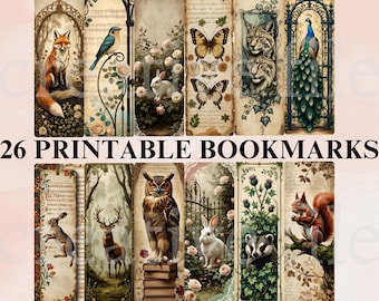 Vintage Animals Printable Bookmarks Bundle, Reading Antique-Inspired 26 PNG bookmarks design, Renaissance Style Bookmark digital download
