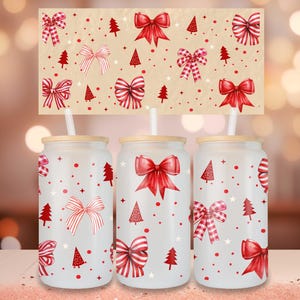 Red Coquette Bows Libbey glass can png, Ribbon lovely 16 oz tumbler wrap design uv dtf, Love Coquette Coffee Glass PNG download