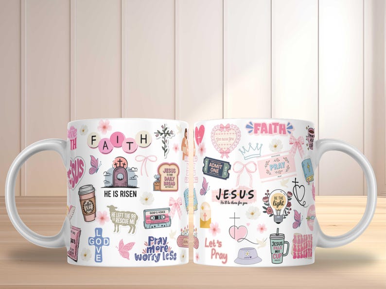 May include: White ceramic mug decorated with various religious-themed graphics, including the word "FAITH", a cross, and the phrase "HE IS RISEN". The mug features pink, blue, and brown accents, and is suitable for hot or cold beverages.