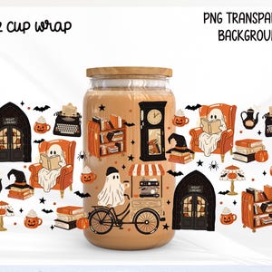 May include: A 16 oz glass cup with a wooden lid featuring a wrap design of ghosts, orange armchairs, bookshelves, grandfather clocks, typewriters, pumpkins, bats, and spiders. The text "16 Oz cup wrap" and "PNG TRANSPARENT BACKGROUND" is visible.