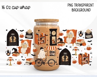 Halloween Bookish Glass Can Wrap PNG 16oz, Spooky Reader Libbey Cup Wrap, Ghost Library Sublimation, Fall Book Lover Design