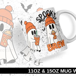 May include: White ceramic mug with a Halloween-themed design. The mug features a cartoon ghost wearing an orange beanie and holding an iced coffee. The words "Spooky Brew" are printed on the mug. The image also includes bats and stars.