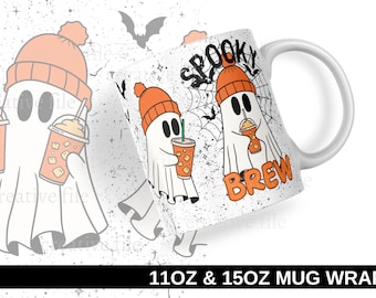 May include: White ceramic mug with a Halloween-themed design. The mug features a cartoon ghost wearing an orange beanie and holding an iced coffee. The words "Spooky Brew" are printed on the mug. The image also includes bats and stars.