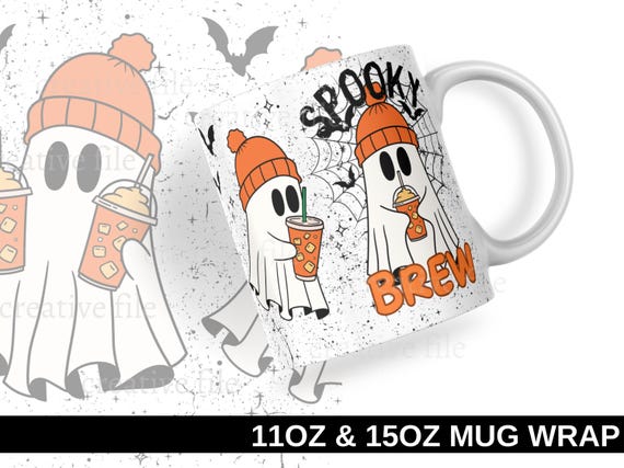 Spooky Brew Ghost Mug Wrap PNG, Halloween Coffee Ghosts Design, Cute and fun halloween 11oz & 15oz Sublimation mug PNG