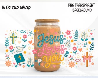 Rótulo PNG para lata de vidro "Jesus te ama", Rótulo para copo cristão Libbey, Design de fé, Copo floral bíblico PNG
