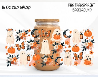 Floral Halloween Ghost Glass Can Wrap PNG, Boho Fall design, Pumpkin lover wrap, Fall Iced Coffee cup, Cozy Floral Ghost, Girly Halloween