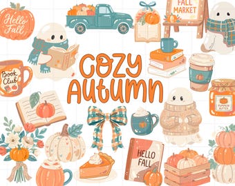 Cozy Autumn Clipart Bundle PNG, Fall Ghost Clipart, Autumn Bookish Digital Designs, Hello Fall Graphics, Cozy Autumn Sticker Clipart