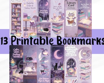 Fantasy Bookmarks Bundle, 13 Dragon Book Lover Bookmarks PDF PNG, Romantasy Reader Gift, Magical printable Bookmark Set