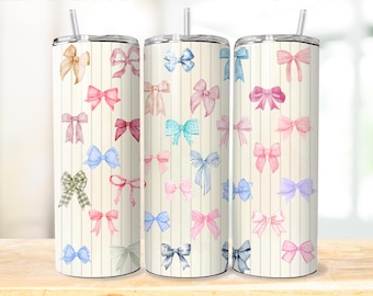 Colorful coquette bows 20oz bottle Wrap, Girly coquette skinny tumbler png, 20oz Tumbler preppy bows sublimation design