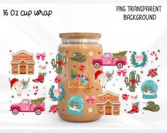Western Christmas Glass Can Wrap PNG 16oz, Cowgirl Holiday Libbey Cup Wrap, Pink Truck Cactus Sublimation, Cowboy Xmas Design