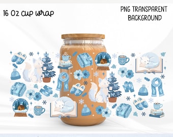 Winter Fox Glass Can Wrap PNG 16oz, Cozy Bookish Libbey Cup Wrap, Snowy Reader Sublimation, Winter Book Lover Design