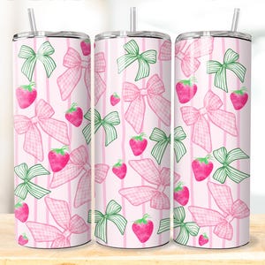 Starwberry Coquette design 20 oz Tumbler wrap, Preppy girly sublimation design, Strawberry and bows skinny tumbler design image 1