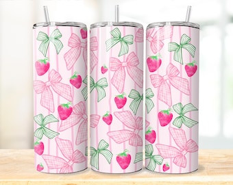 Starwberry Coquette design 20 oz Tumbler wrap,  Preppy girly sublimation design, Strawberry and bows skinny tumbler design
