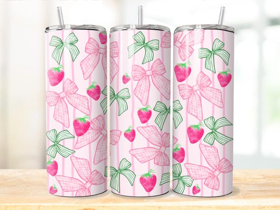 Starwberry Coquette design 20 oz Tumbler wrap,  Preppy girly sublimation design, Strawberry and bows skinny tumbler design